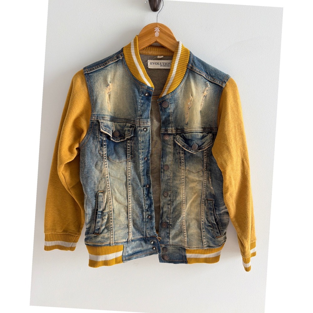 Evolution In Design Boys Varsity Denim Jacket Distressed Blue Yellow L 14-16